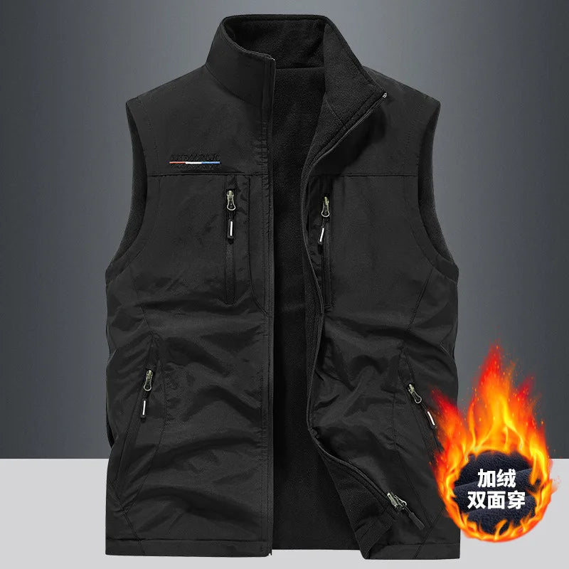 Men's Thickened Double-Sided Fleece Vest for Outdoor Sports Warm Comfortable Fleece Jacket Attached Multipurpose Vest
