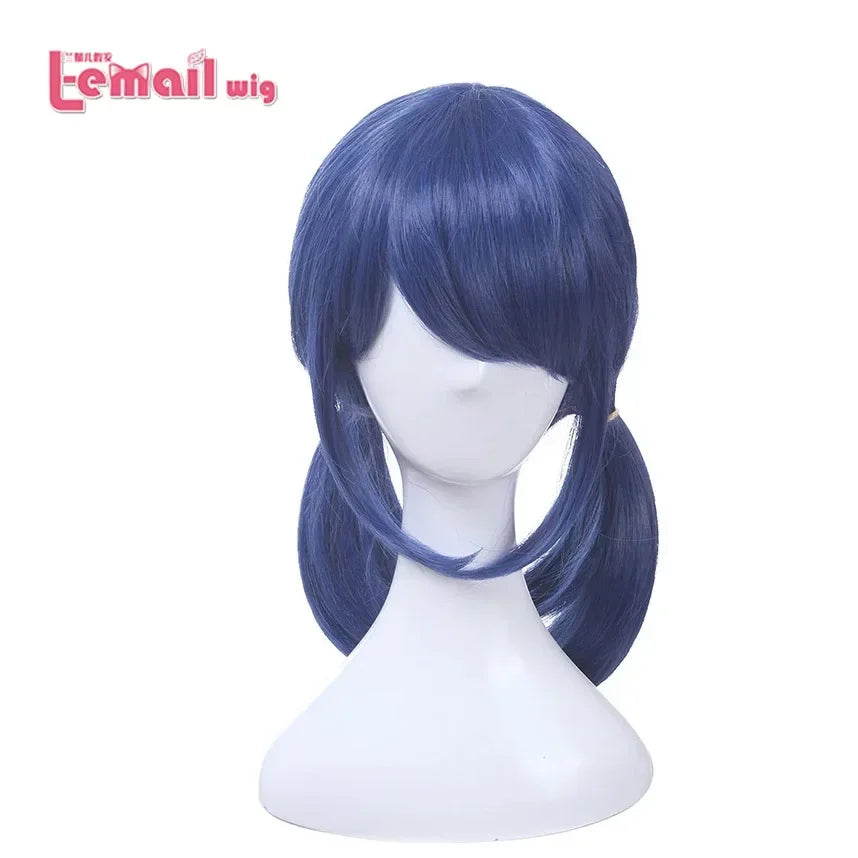 2025 Halloween perruque de Cosplay à Double queue de cheval bleue foncée pour femmes, cheveux synthétiques lisses et résistants