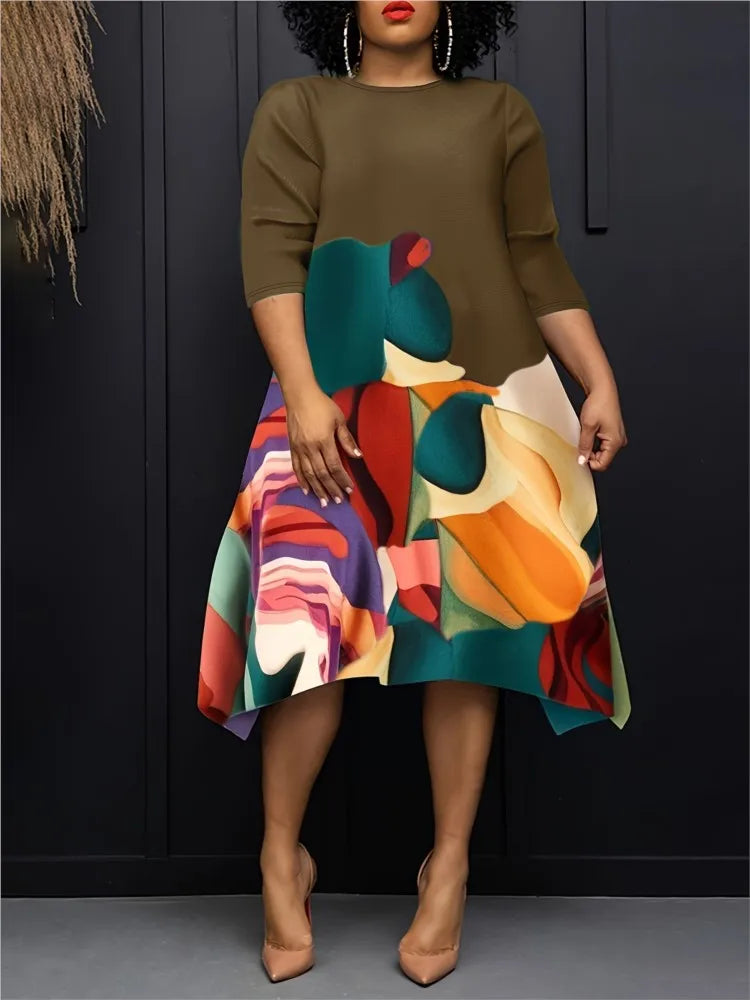 Casual Long Sleeve Woman Dress Office Lady Spring Summer Fashion Elegant O-neck Floral Print Dresses For Women 2024 Female