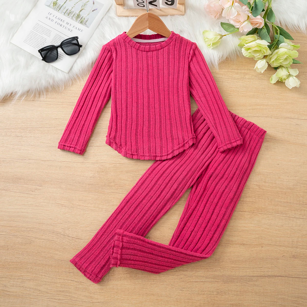 Baby Girl Clothes Set 3-8Y Knitted Long Sleeve Tops + Pants Kids Ribbed Jumpsuit Autumn Winter Warm Outfit Children Clothing
