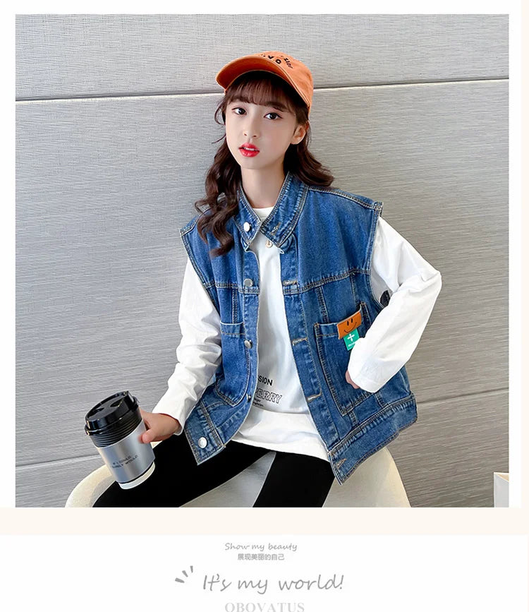 New Fashion Kids Girl Denim Vest Wasitcoat with Smile Face Outerwear Vintage Blue Children Casual Sleeveless Denim Jacket Outfit