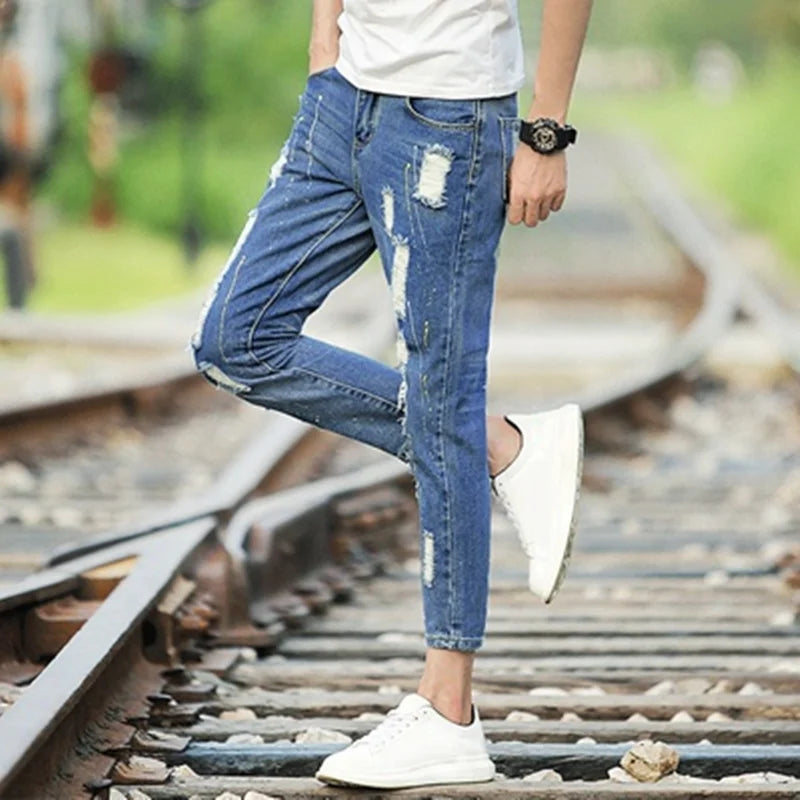 Men's Summer Thin Loose Straight Leg Jeans Casual Nine Point Ankle-Length Torn Elastic Cotton Denim Youth Fashion Wear