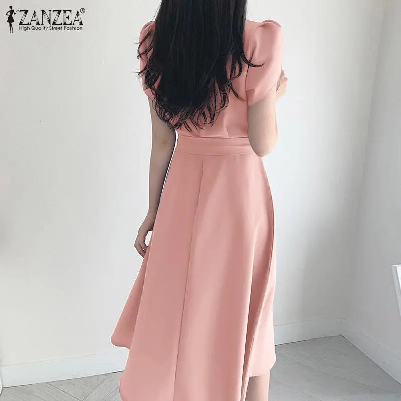Women Fashion OL Work Sundress ZANZEA Elegant Summer Short Sleeve Dress Casual Solid A Line Vestido Kaftan Sarafans Robe Femme