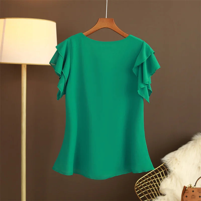 2026 Fashion Summer Dress Women Blouse Top New Short Sleeved V-neck Chiffon T-shirt Women's Loose and Versatile Small Shirt