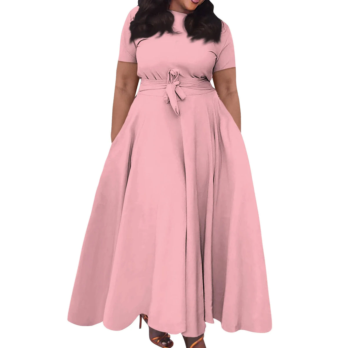 dress for women Casual Fashion Large Size sexy long dresses Solid Color Round Neck dress Short Sleeve Pocket Straps Swing elbise
