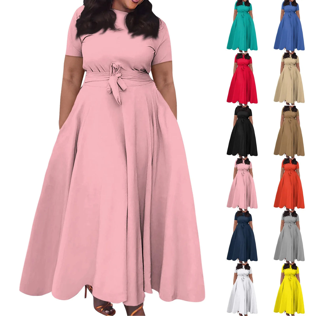 dress for women Casual Fashion Large Size sexy long dresses Solid Color Round Neck dress Short Sleeve Pocket Straps Swing elbise
