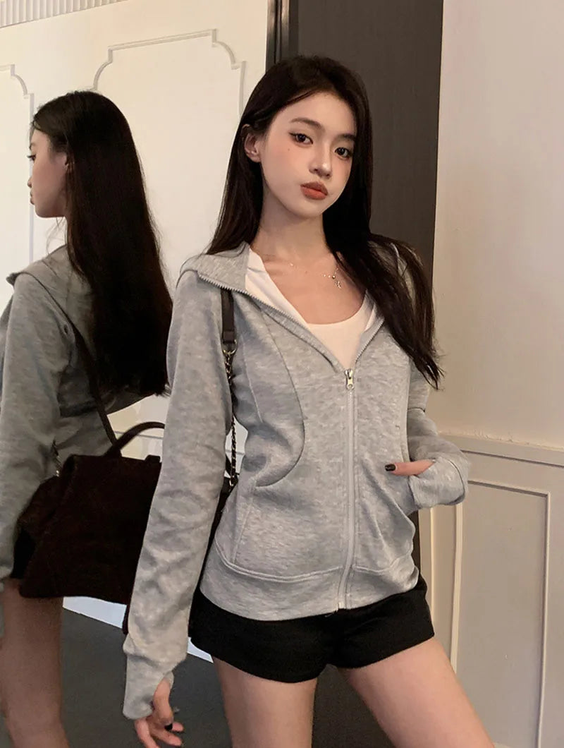 Sweat À Capuche Zipé Femme Slim – Poches Style Coréen Automne 2025