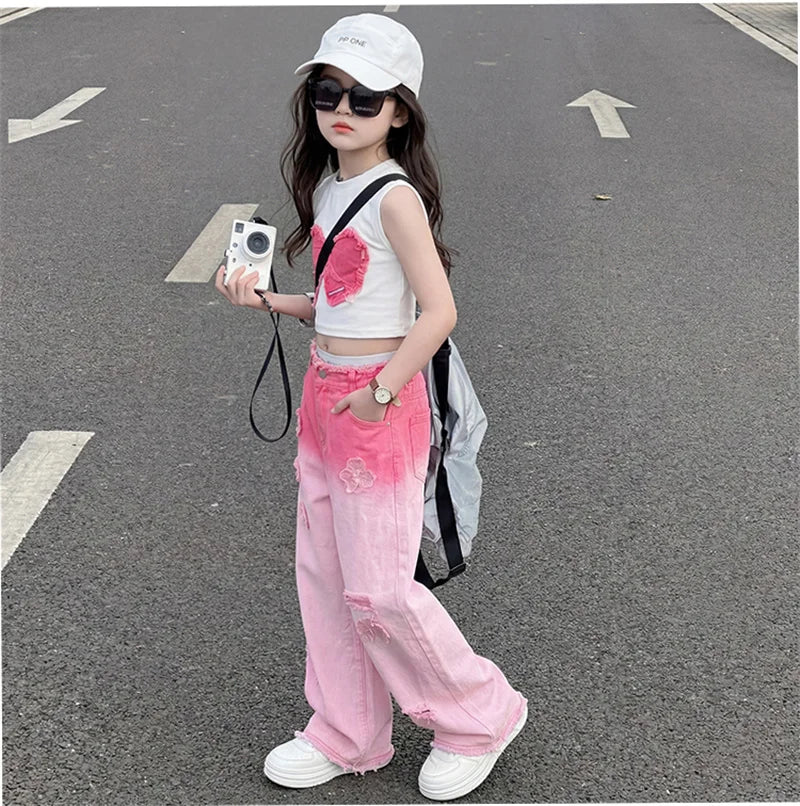 Teenage Girls Clothing Sets Hot Deals Bow Crop Top+Hole Wide Leg Jeans with Butterfly 2Pcs Fashion Gradient Child Clothes Suits