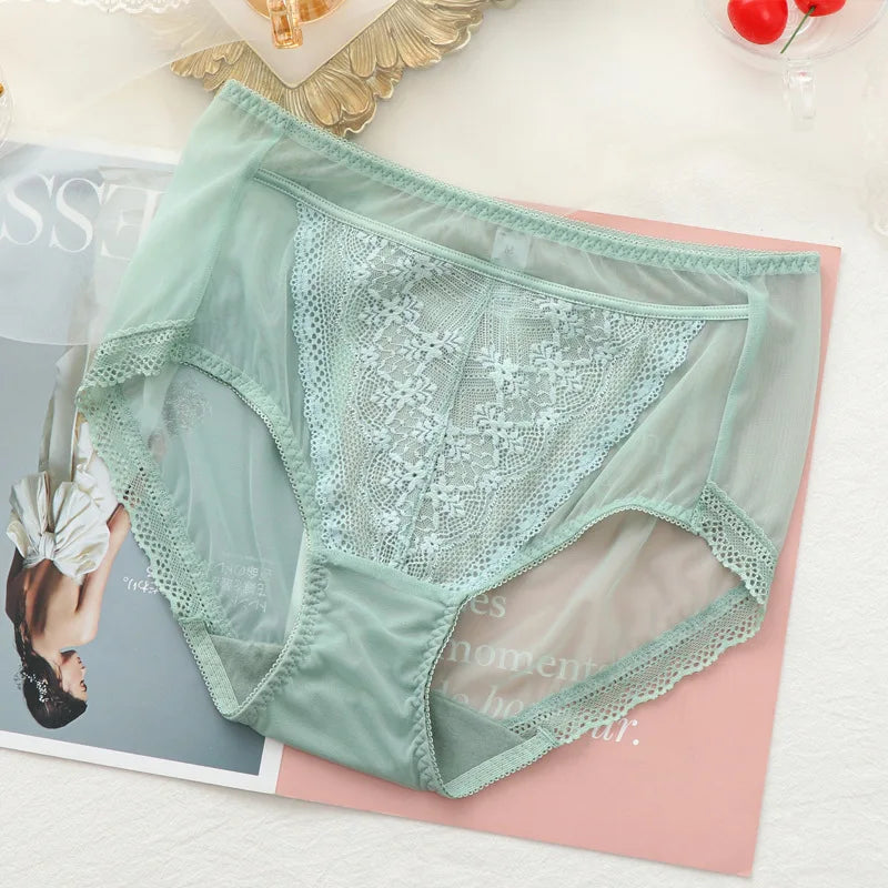 Women Transparent Lace Panties Large Sizes with High Waist Summer Sexy Mesh Hollow Out Briefs Women's Underwear Plus Size
