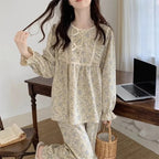 Pyjama femme fleuri deux pièces – Manches longues et petits nœuds