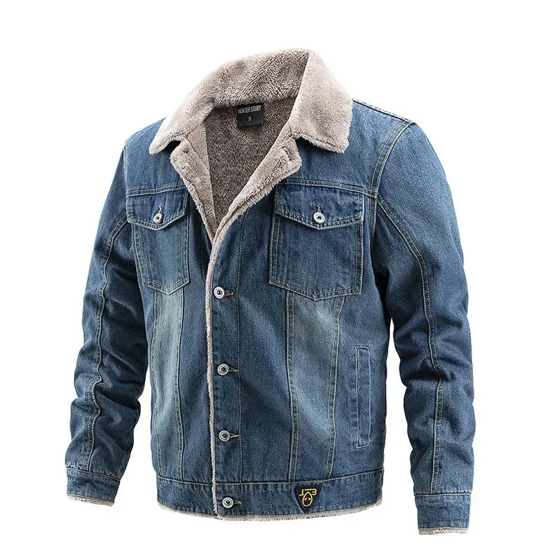 2026 Men's Vintage Denim Jacket Autumn Winter New Thicked Plush Liner Warm Loose Casual Lapel Neck Coat Male Fashion Jean Parkas