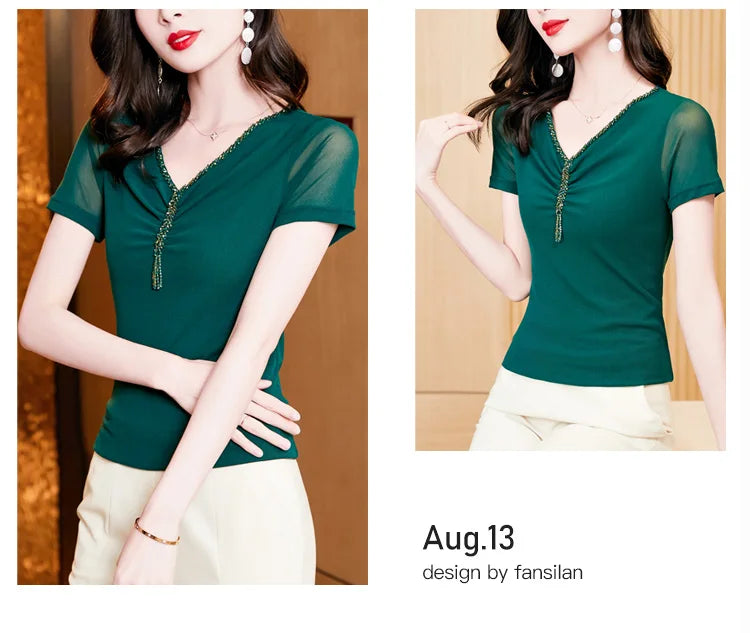 Women Fashion Diamonds V-neck Short Sleeve T-shirts Tops Girls High Stretchy Sheath Mesh Tee Shirts For Woman