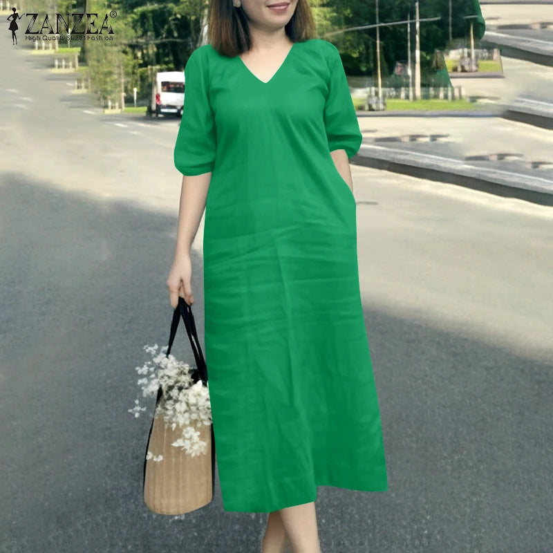 ZANZEA 2025 Fashion Summer Dress Women V Neck Short Sleeve Holiday Sundress Casual Loose Party Work Vestidos Kaftan Robe Femme