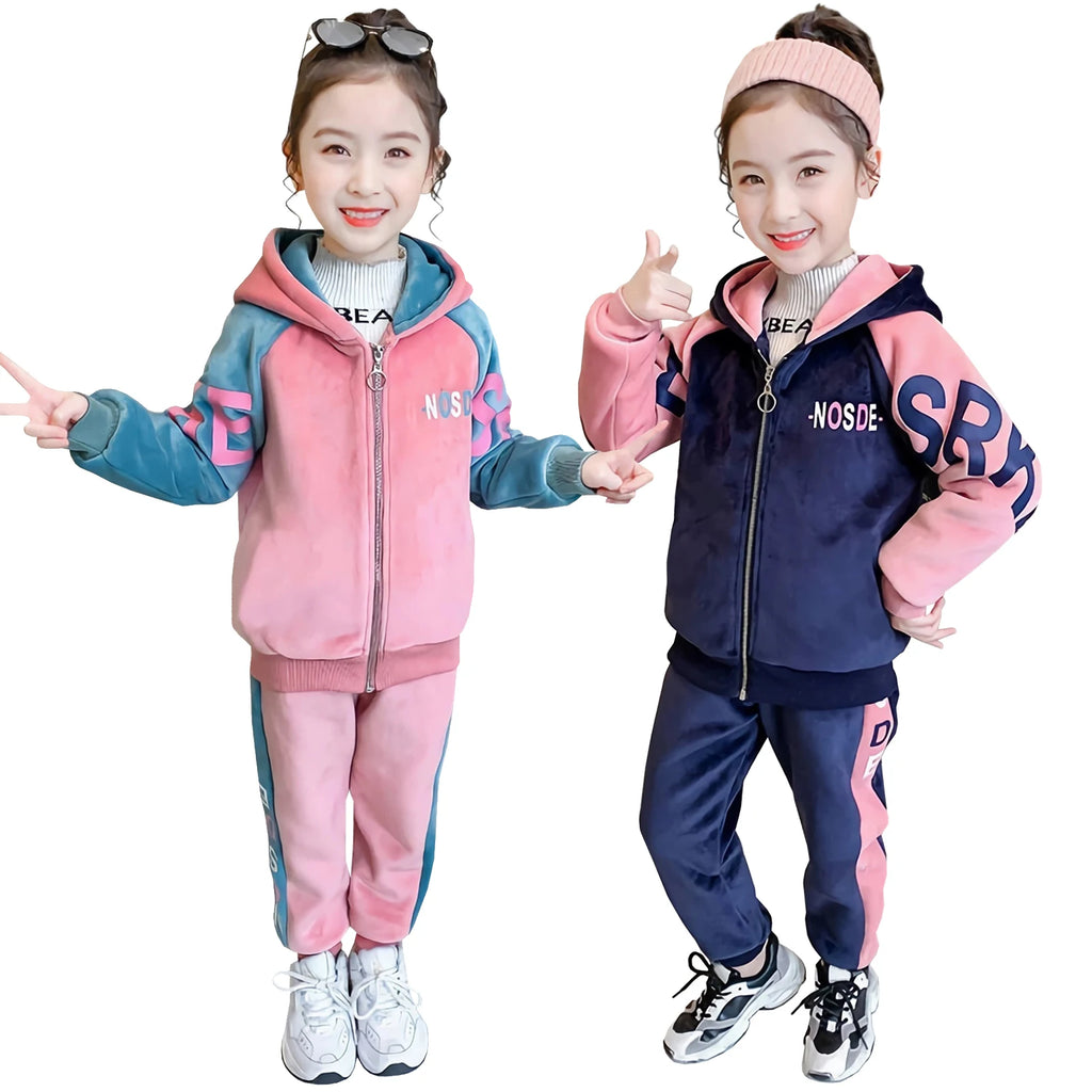 Kids Velvet Tracksuits,Cotton Jogging Suits,2-Piece Hooded Long Sleeve Sweatshirt + Pants Set,Girls Jacket,Casual Sports Wear