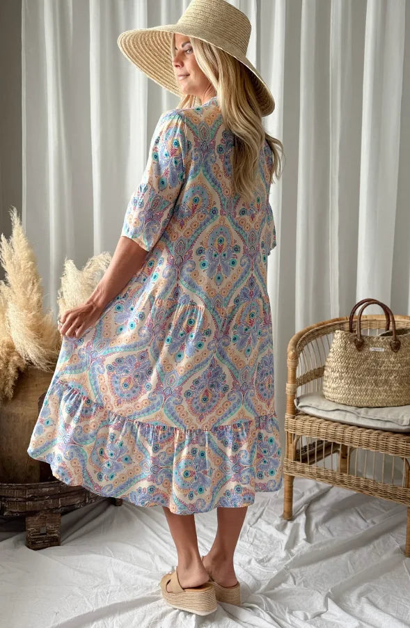 New Plus Size Women Boho Paisley Print Shirt Dress, Casual Flowy Ruffle Hem Long Dress for Summer Vacation Daily Wear
