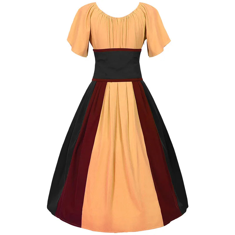 Costumes Halloween pour femmes,robe trapèze rétro médiévale,couleur contrastée,robe à épaules en un mot