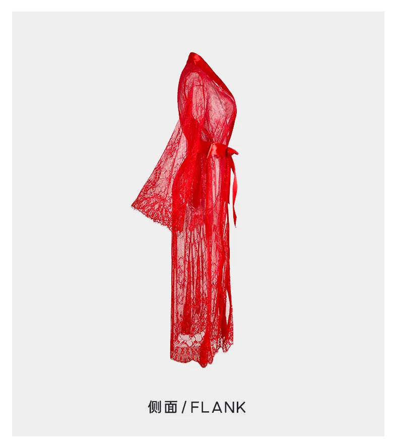 Women's Sheer Lace Robe Sexy See Through Nightgown with Jacquard Lace Floral Trim Satin Lounge Dress for Kimono Robe Home Wear