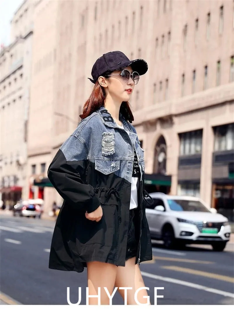 Veste Jean Femme Mi-Longue – Casual Grande Taille Printemps Automne S-3XL