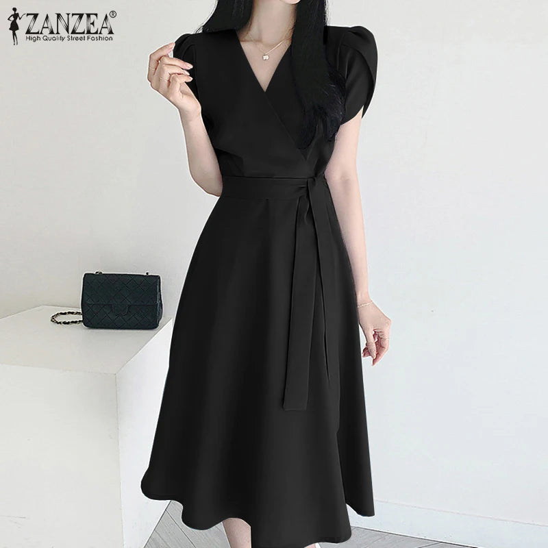 Women Fashion OL Work Sundress ZANZEA Elegant Summer Short Sleeve Dress Casual Solid A Line Vestido Kaftan Sarafans Robe Femme