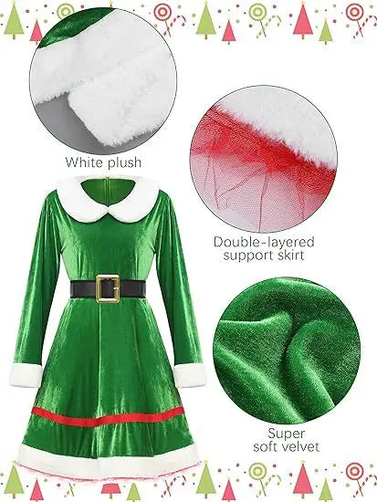 Women's Christmas Costume Set Santa Claus Outfit Velvet Dress With Striped Thigh-High Socks and Elf Hat