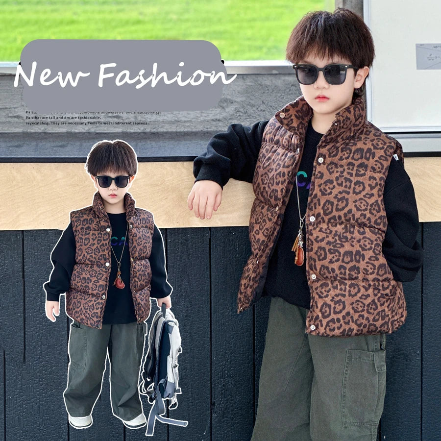 New Fashion Baby Boy Girl Leopard Print Sleeveless Vest Elegant Kids Children Winter Waistcoat Age 2 3 4 5 6 7 8 9 10 11 Years