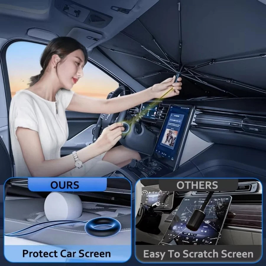 Windshield Sun Shade with 360° Pull Cord Anti-Scratch Handle - Upgraded Sunshade for Car Windshield with Double-Layer Fabric