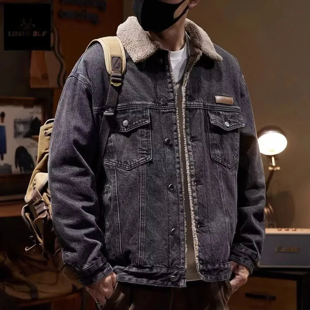 2026 Autumn and Winter Men's New Denim Jacket Fleece Thickened Retro Loose Casual Jacket