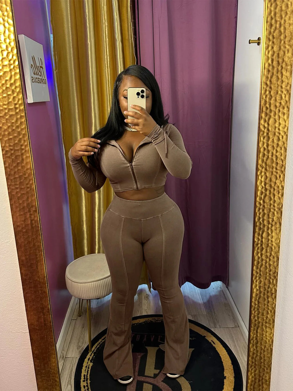 Ensemble 2 Pièces Femme – Veste À Capuche + Pantalon Évasé Taille Haute Sport