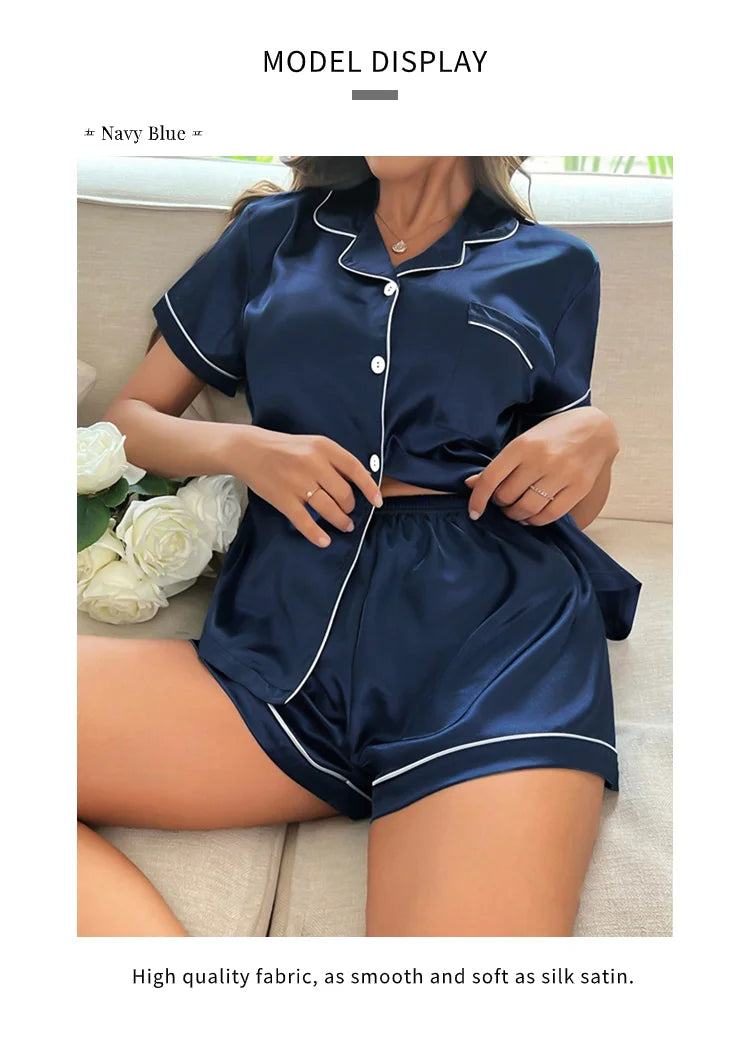 Elegant Satin Solid Pajamas Set Short Sleeve Lapel Buttons Top And Shorts Breathable Fabric Skin-Friendly Fit Women's Sleepwear
