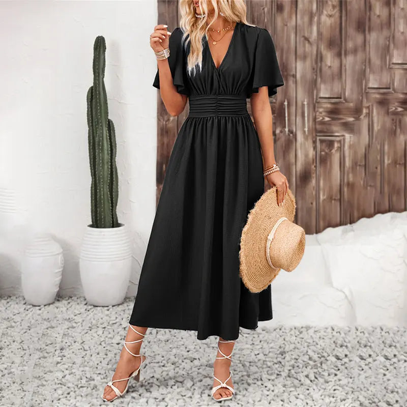 Women Ruffle Solid Pleated Long Dress Chic V Neck Short Sleeved  Black Blue Lace Up Robes Summer Lady High Street Wear Holiday
