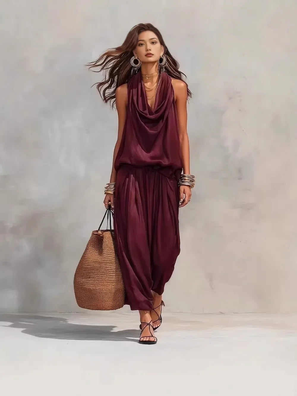 Women 2 Piece Outfit Pleated Collar Sleeveless Vest & Casual Pants Set Elegant High End Commuter Matching Suit European Style