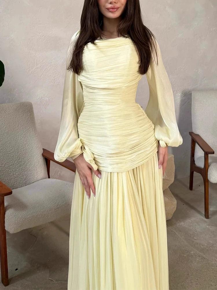 Elegant Temperament Robe Dresses 2026 New Spring Pleated Solid Color Maxi Dress Women O-neck Long Sleeved High Waist Party Dress