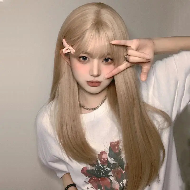 Synthetic Wig for Women: Blonde Long Hair, Female Group Hairstyle, Medium-Length Natural Full Headpiece