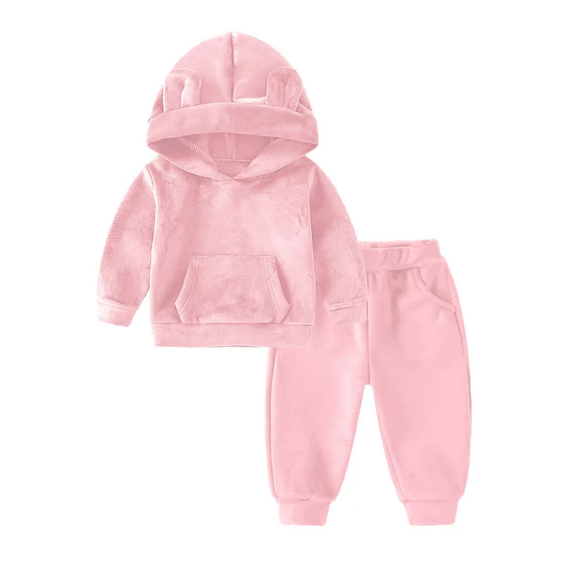 Boys Girls Velvet Warm Long Sleeve Hooded Outfit Set Children Clothing Casual Tracksuit Outdoor Wear Autumn Winter Kids Clothes