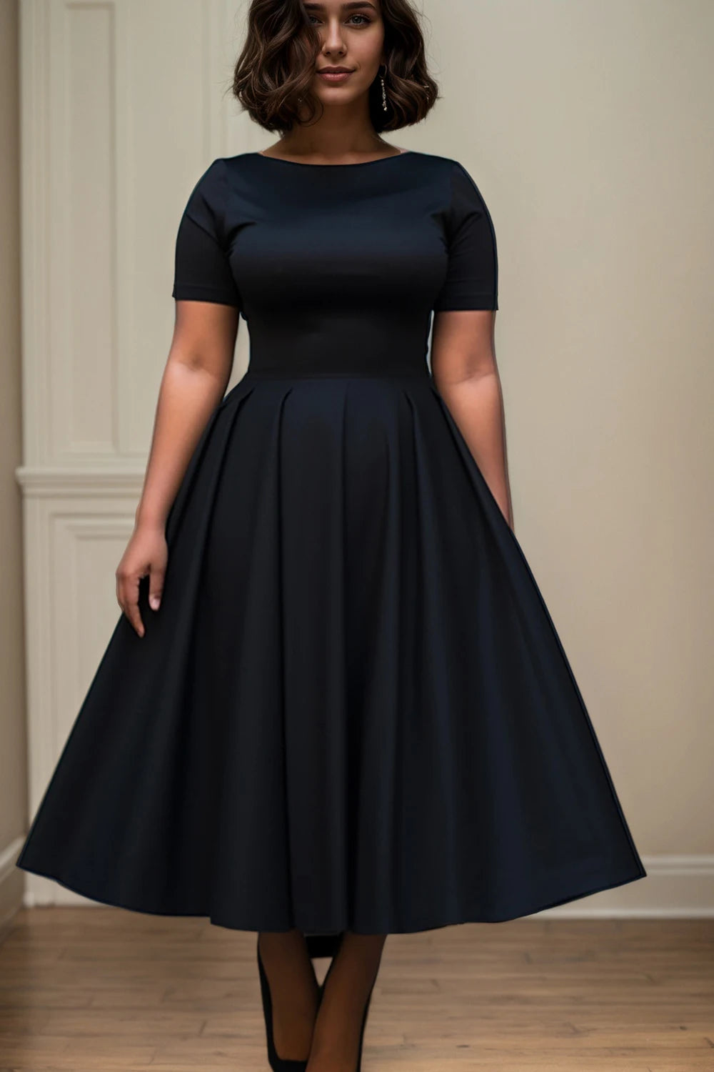 Women Plus Size Black Dress Short Sleeve Summer Casual Pleated A-Line Basic Long Dress Round Neck Fashion Evening Party Dresses