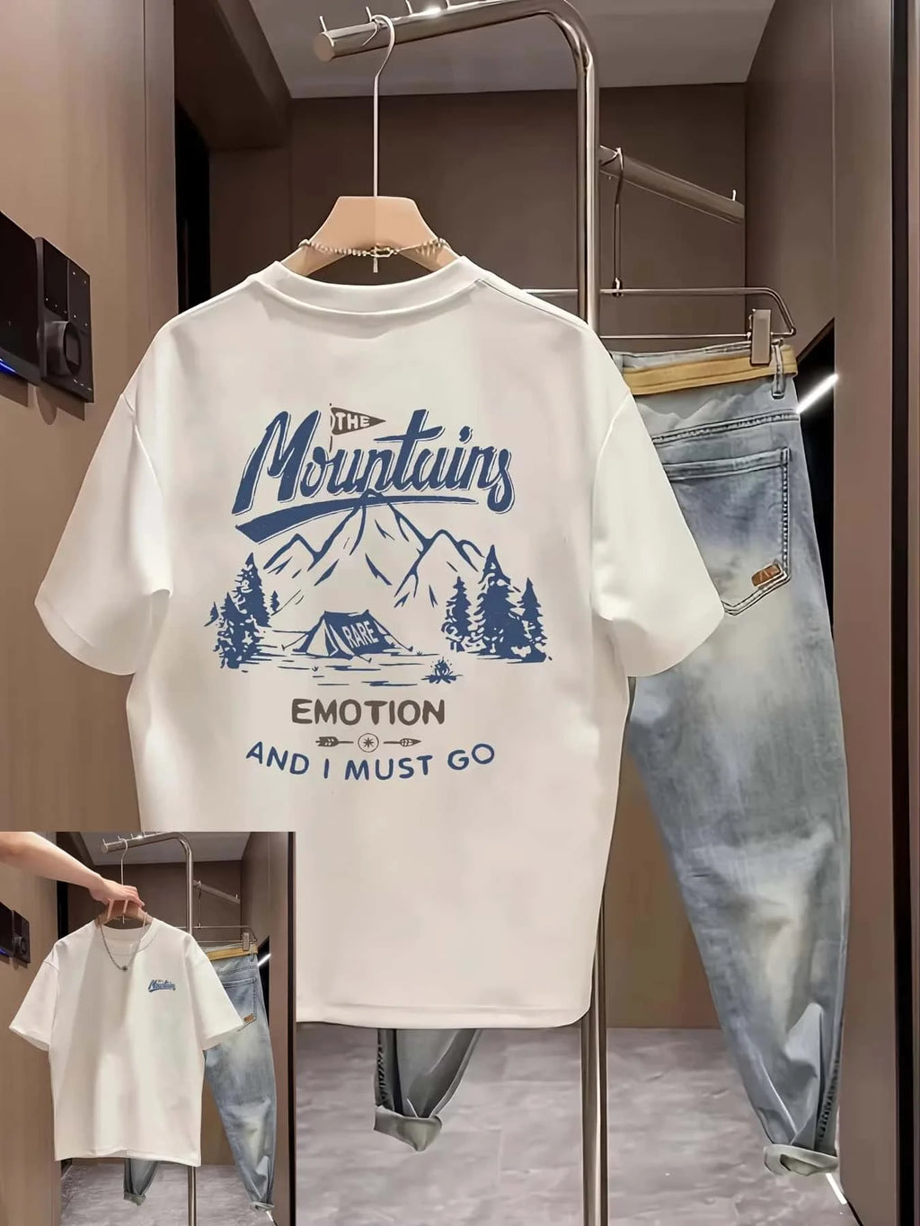 Hot-selling  Cotton Men's Summer T-shirt Casual Retro Mountain Pattern Outdoor Travel Top