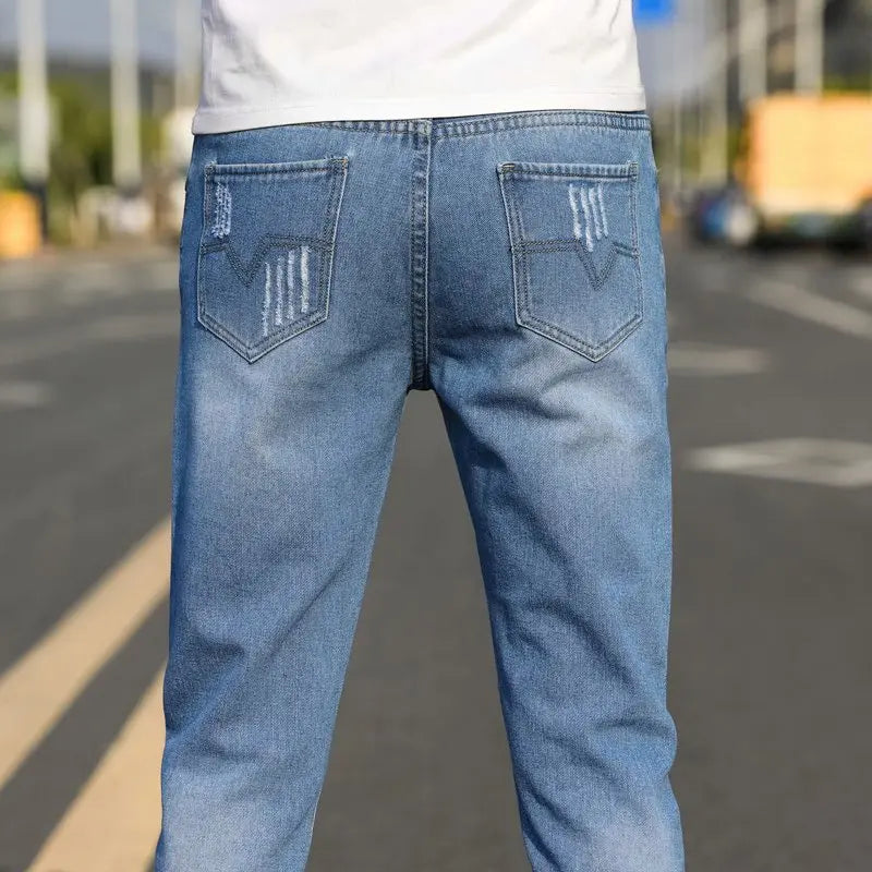 Men's Summer Thin Loose Straight Leg Jeans Casual Nine Point Ankle-Length Torn Elastic Cotton Denim Youth Fashion Wear