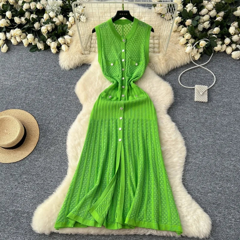 Fashion Knitted Dress Summer Clothes Women Sleeveless Single Breasted Bodycon Long Dresses Vacation Holiday Knitting Dress Robes