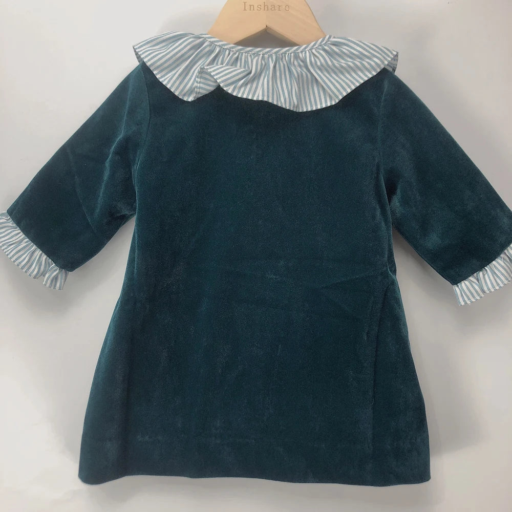 Children's Boutique Clothing Toddler Boys Green Velvet Strap Shorts Suits Cotton Long Sleeve Shirts Siblings Baptism Eid Dresses