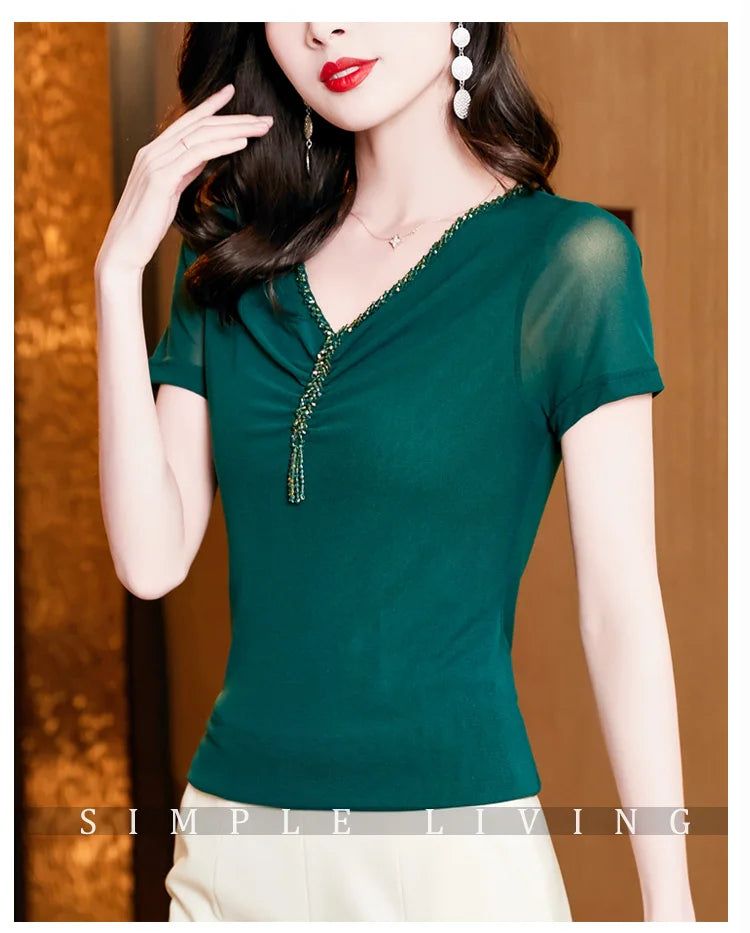 Women Fashion Diamonds V-neck Short Sleeve T-shirts Tops Girls High Stretchy Sheath Mesh Tee Shirts For Woman