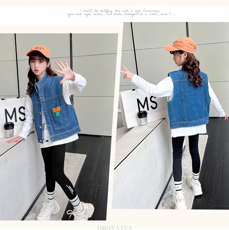 New Fashion Kids Girl Denim Vest Wasitcoat with Smile Face Outerwear Vintage Blue Children Casual Sleeveless Denim Jacket Outfit
