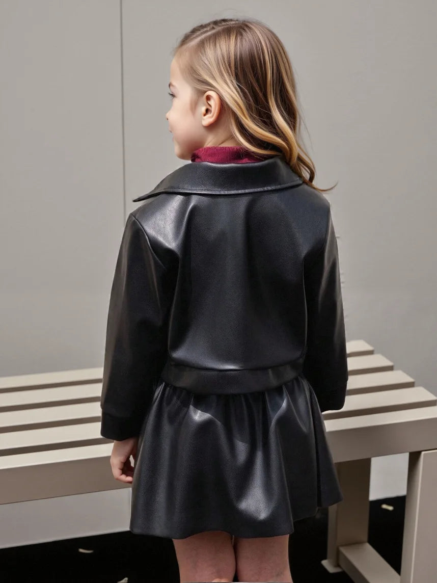 Children's Clothing for Girls, Spring and Autumn Stylish Pu Jacket and Versatile Short Skirt Two-Piece Set, New Fashion Street Style Cool Half Skirt, Easy to Clean, New Versatile Pu Leather Outfit