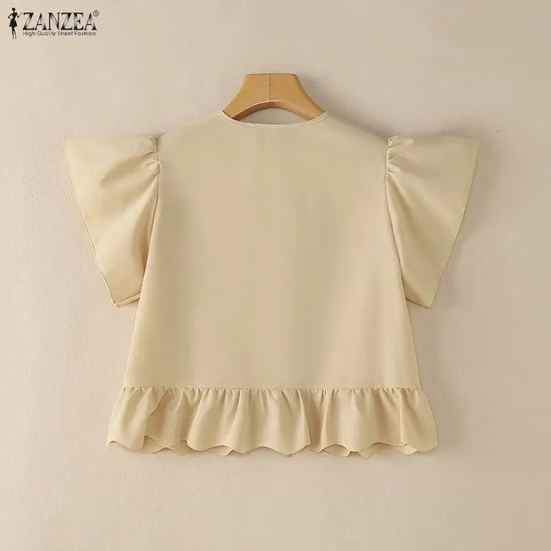 ZANZEA Summer Women Tops 2026 Elegant V Neck Short Sleeve Work Shirt Femme Casual Lace -Up Blusas Stylish Ruffled Holiday Blouse