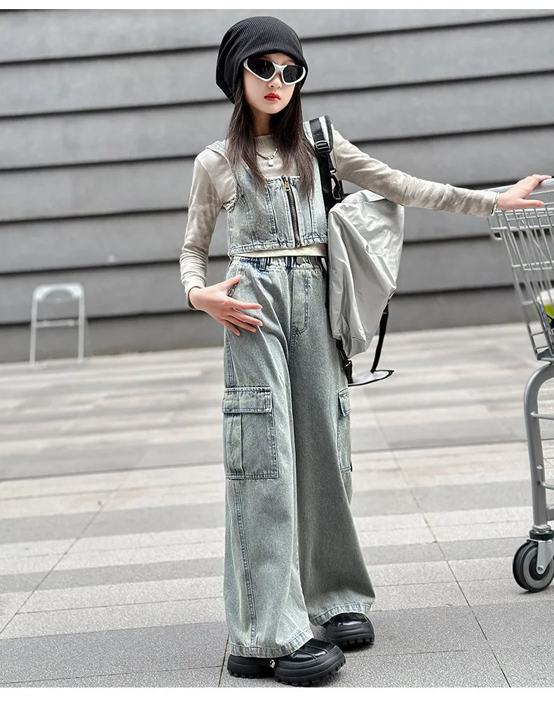 vetement enfant fille denim vest+top t shirt+cargo pants jeans three pcs kids girls clothes sets childer outfits clothing suit