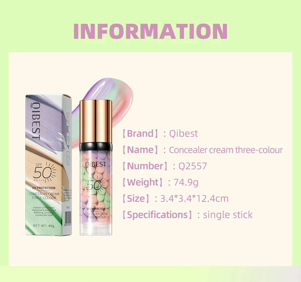 QIBEST Face Makeup Primer Tri-color Cream Brighten Contour Color Isolation Waterproof Foundation Natural Makeup Base Cream