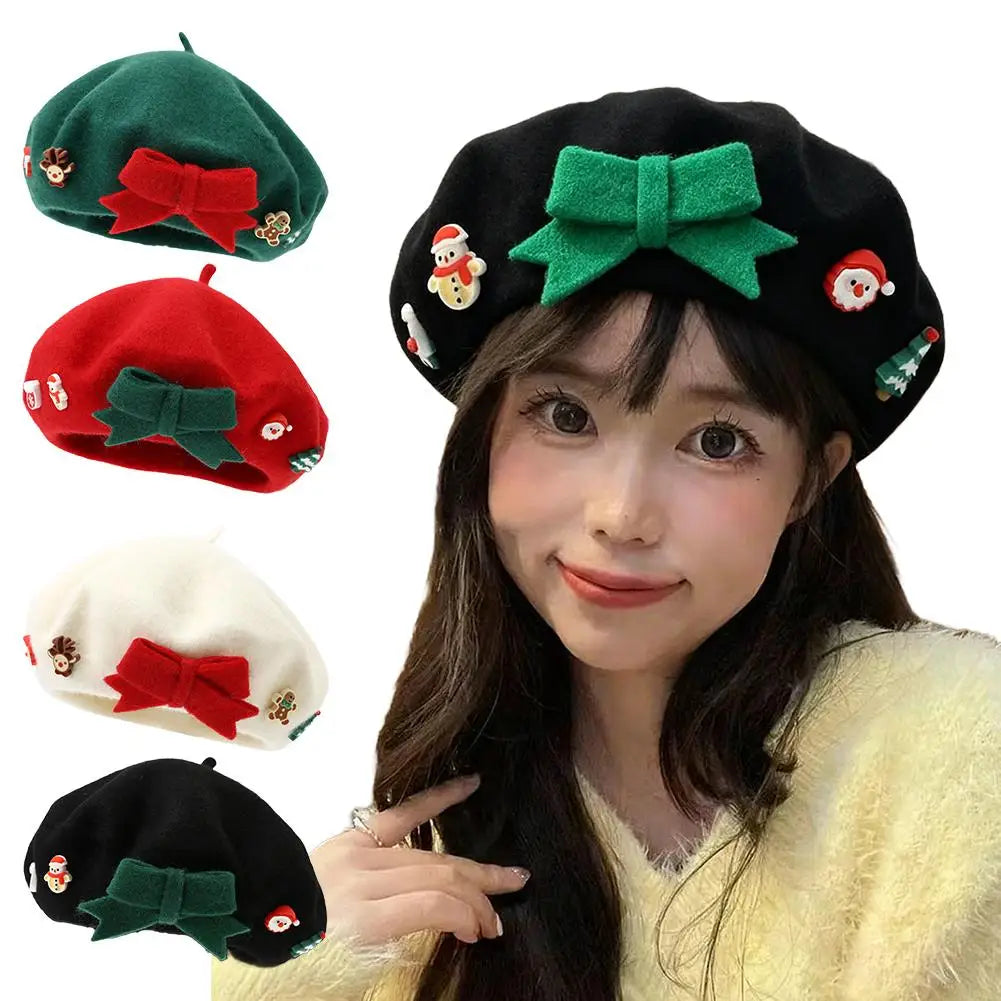 Fashion Christmas Beret Hat Red Green Sweet Christmas Beret Hat Wool Felt Dress Up Xmas Painter Hat New Year Gifts