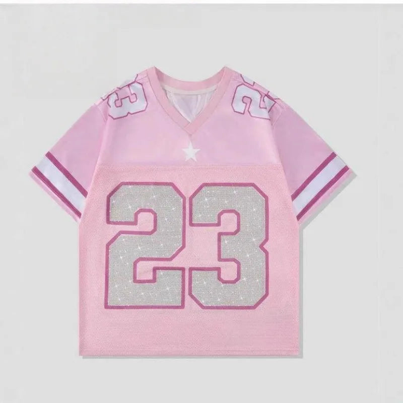 American Retro Jersey Style Digital Printed Short Sleeved Breathable Loose V-neck T-shirt Unisex High Street Top