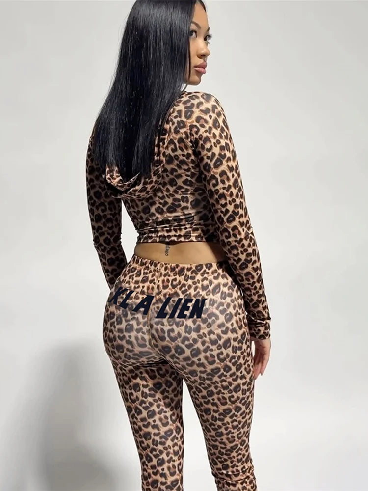 SiSterlinda Hooded 2 Piece Set Women Letter Leopard Zip Jacket+Flare Pants Casual Matching Stretch Sporty Streetwear Tracksuit