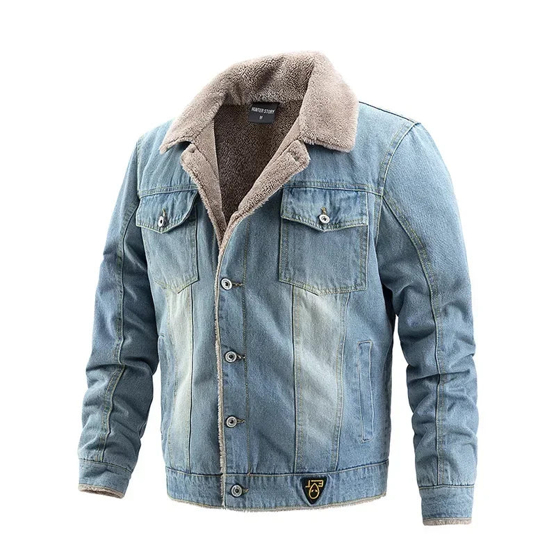 2026 Men's Vintage Denim Jacket Autumn Winter New Thicked Plush Liner Warm Loose Casual Lapel Neck Coat Male Fashion Jean Parkas