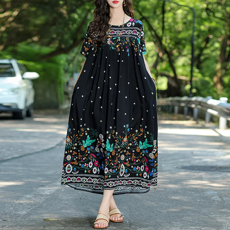 New Fashion Hot Summer Dresses For Women 2025 Casual Flower Print Floral Short Sleeve Dress Vintage Dress Loose Women Clothing